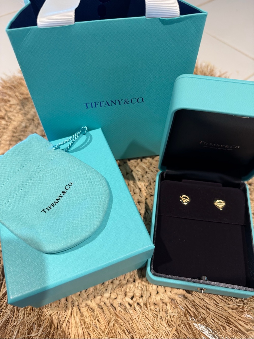Return to Tiffany Tiffany & Co. 18k Gold Heart Studs w/ Signature Blue Packaging